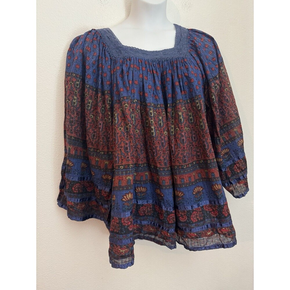 Marisol Blue & Red Lace Trim Boho Print Peasant Blouse 2X Women's Hippie Cotton